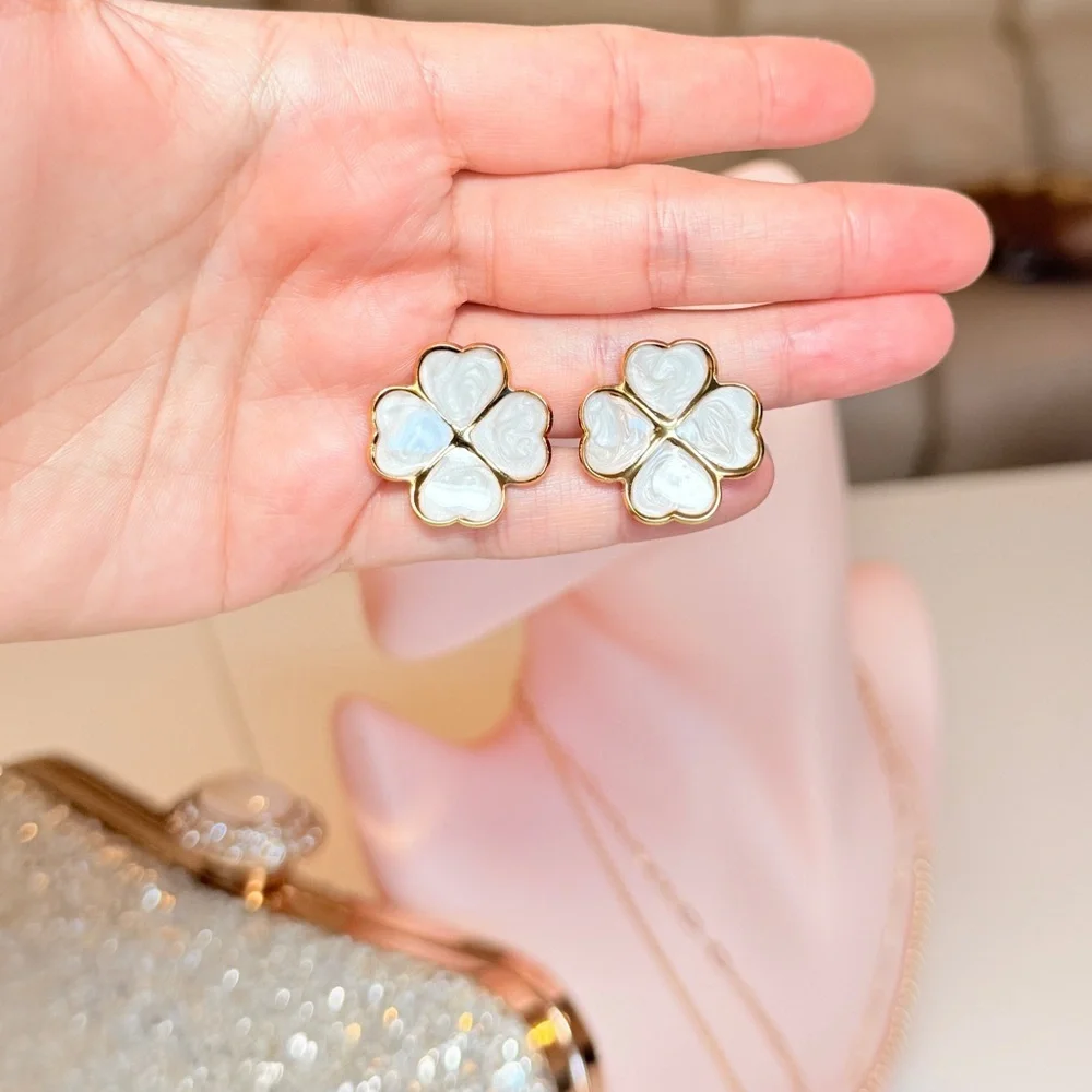 Gold and White Flower Earrings